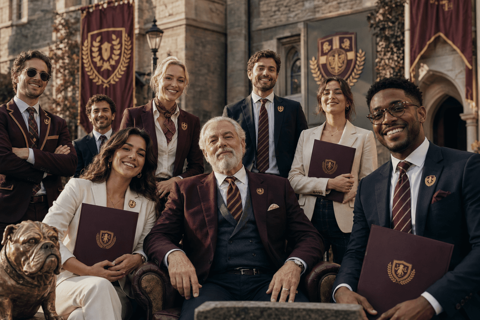 Confident alumni gathered in a private-college brochure scene with diploma props and collegiate styling.