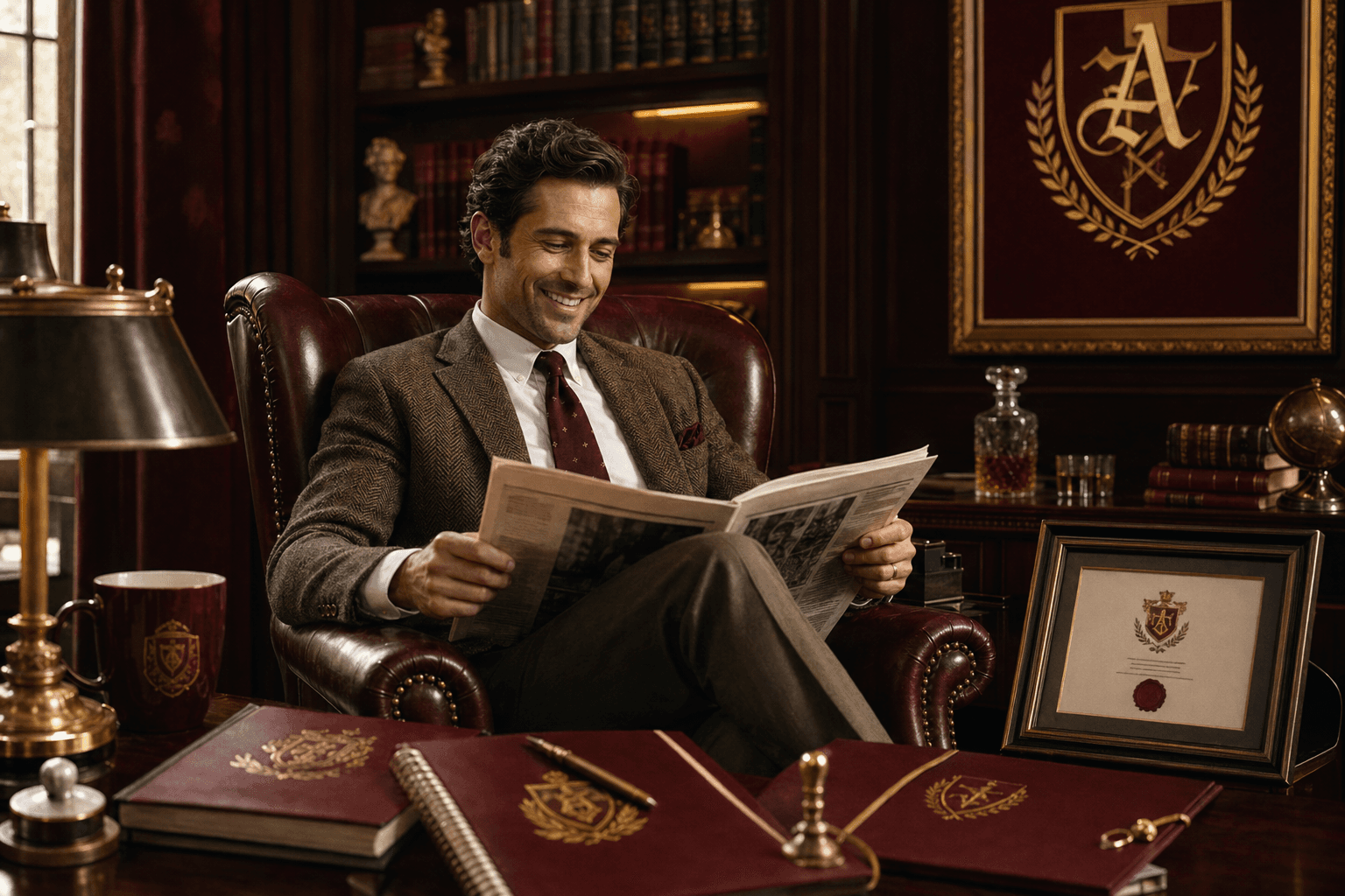 Editorial reading-room portrait with a graduate, credential folio, and collegiate archive styling.