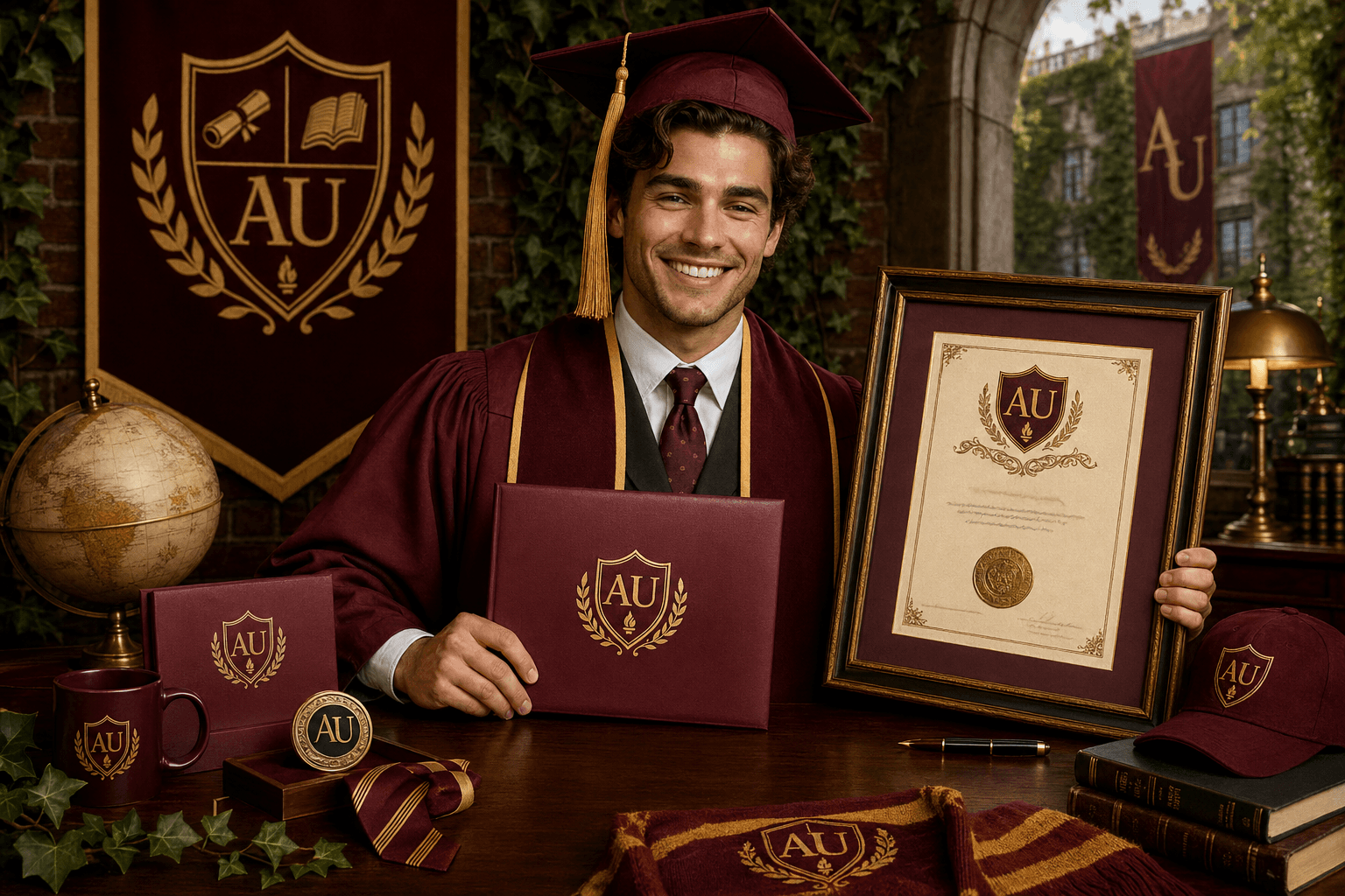 Happy graduate presenting a diploma folio in a premium campus-studio product scene.