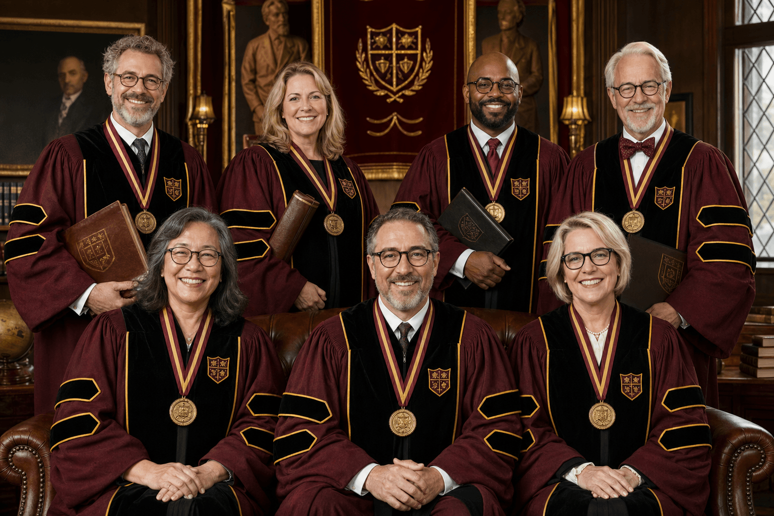 Smiling fictional faculty posed in a polished satirical-university group portrait.