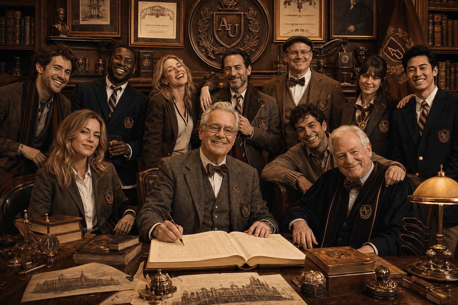 Archive-style alumni portrait with ledgers, framed credentials, and stately collegiate atmosphere.