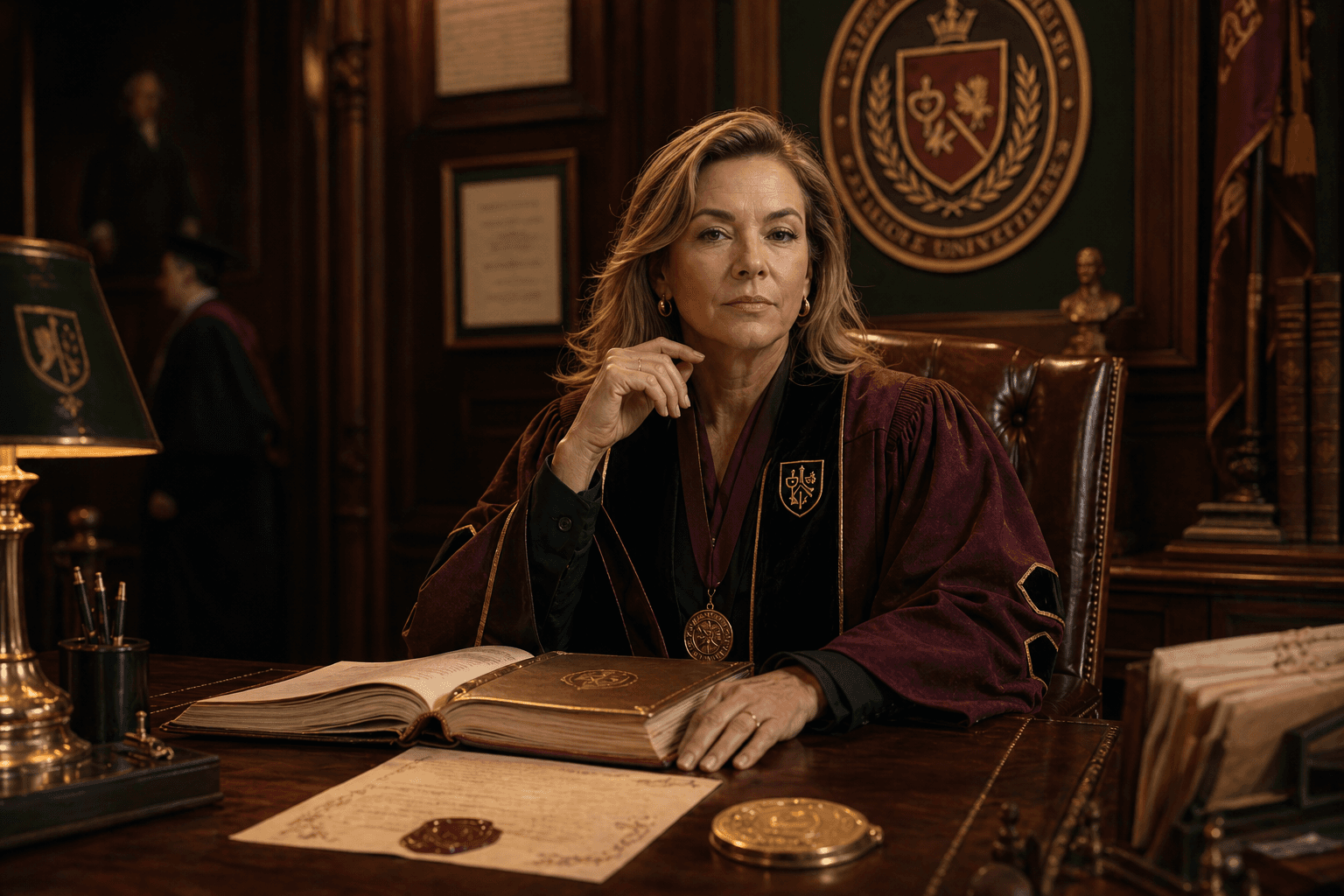 Formal Honor Code portrait with a regent, bound statutes, and ceremonial Asshole University insignia.