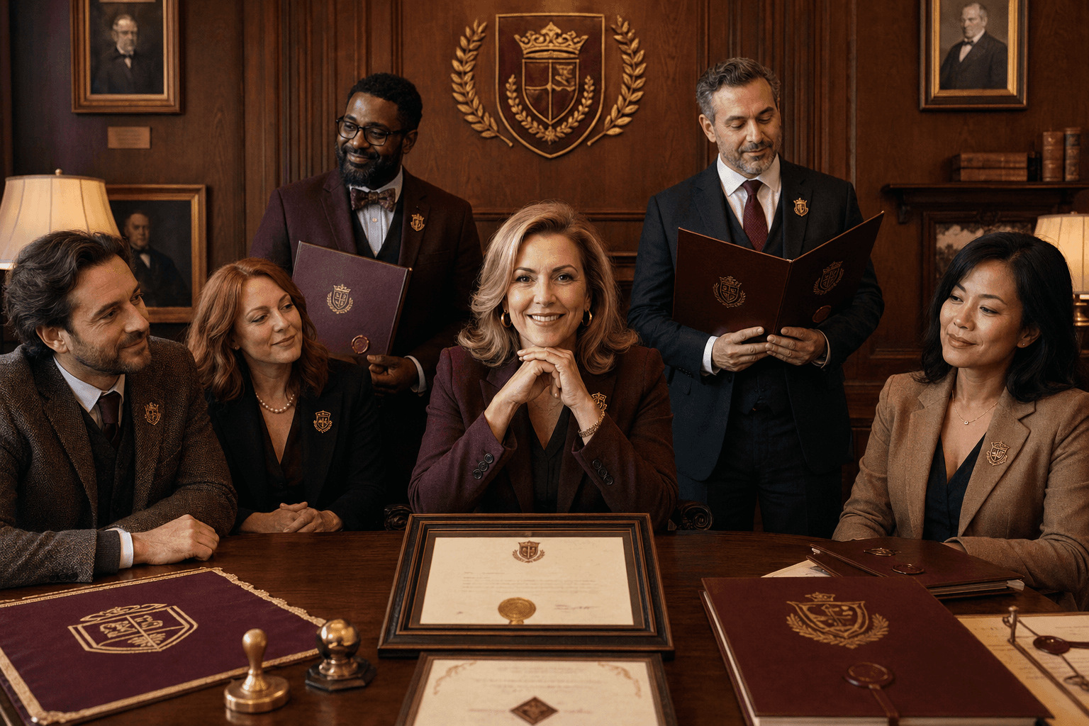 Registrar and students posed in a formal university scene with framed credentials and maroon-and-gold styling.