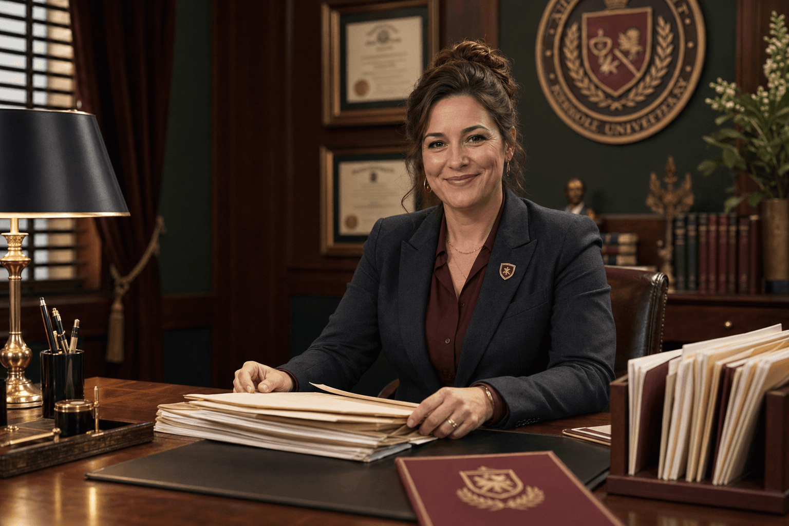 Polished institutional support portrait for legal and policy pages, with collegiate props and restrained editorial styling.