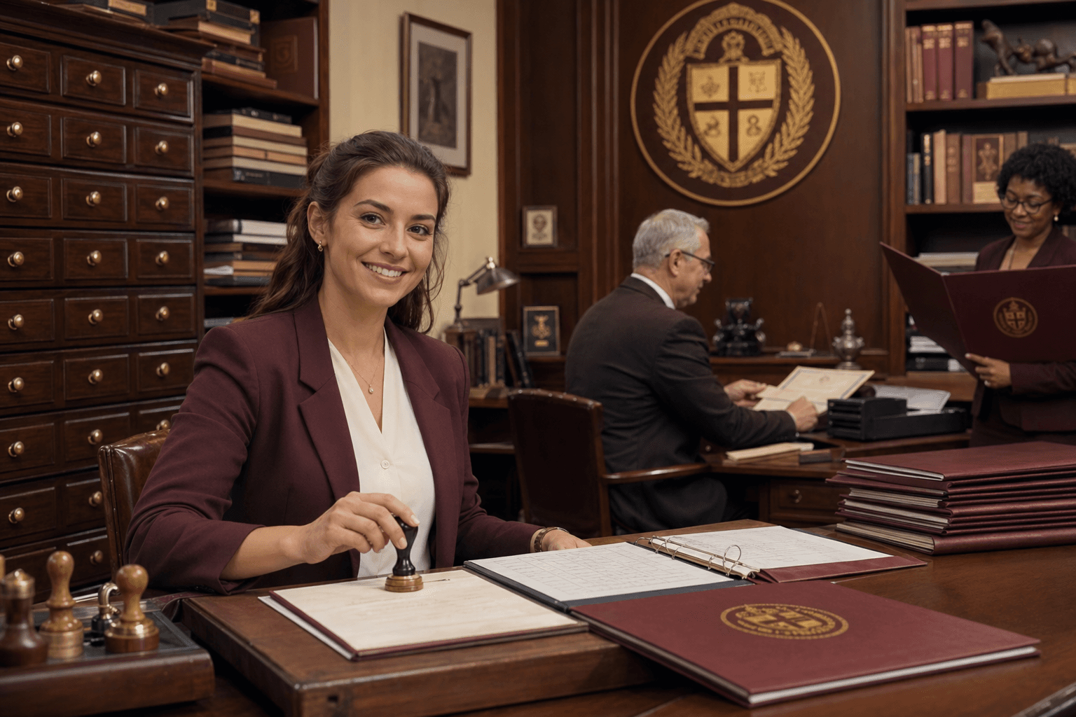 Registrar records desk with smiling institutional staff, ledgers, and framed credentials.