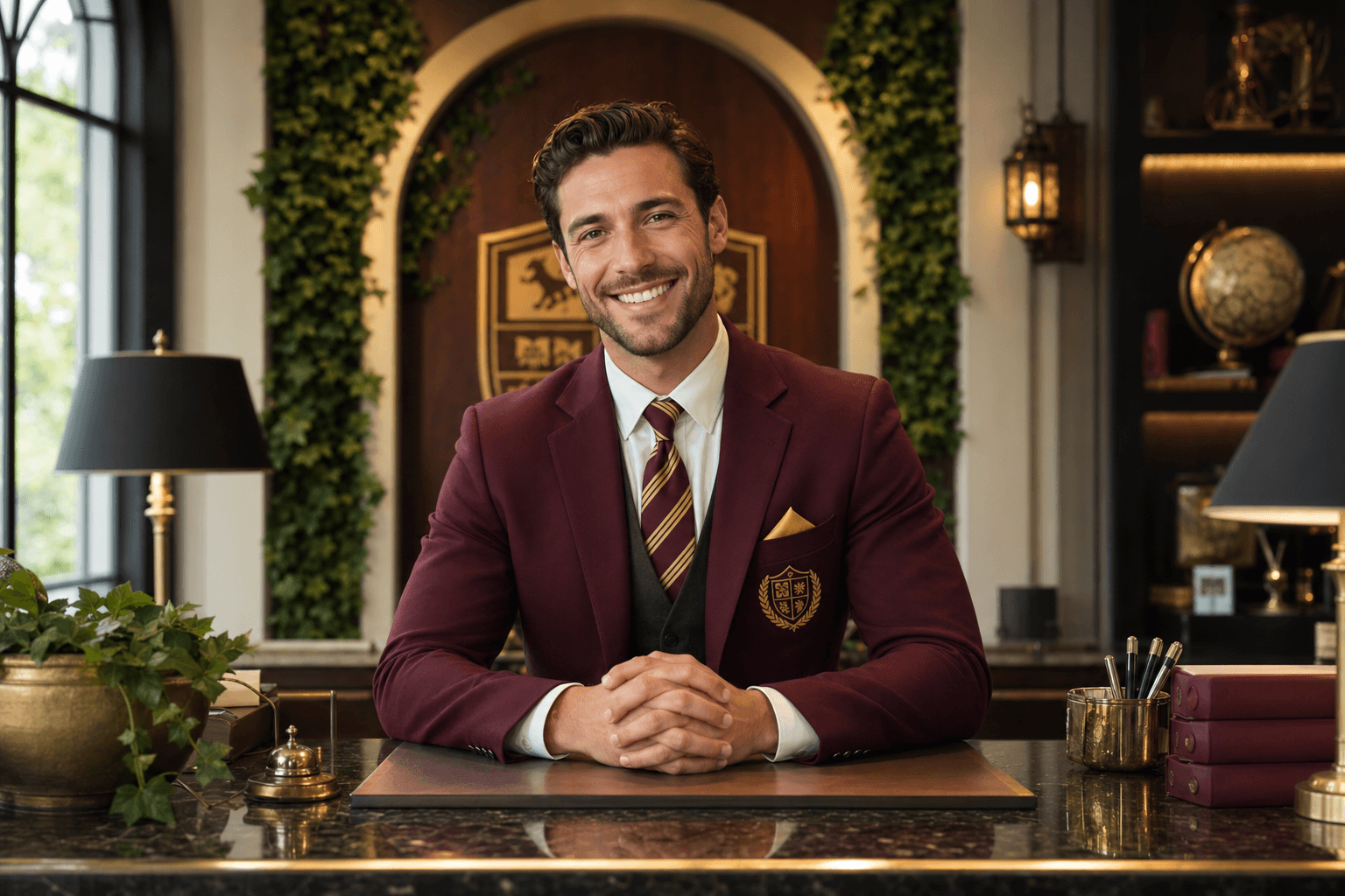 Smiling support concierge at a registrar desk in maroon, ivy, and gold surroundings.